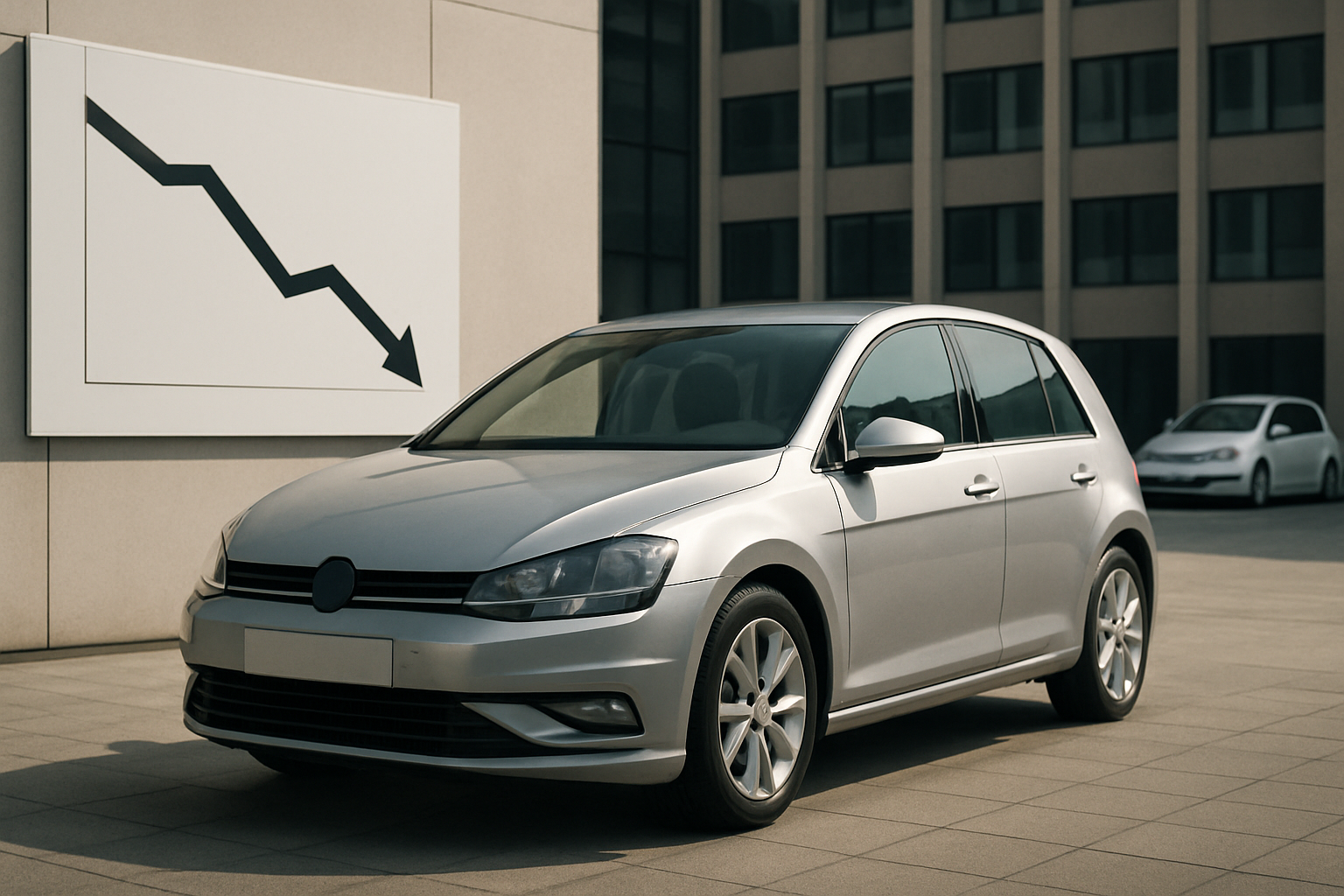 A silver hatchback car parked outside an office building with a downward arrow graph on a wall in soft daylight