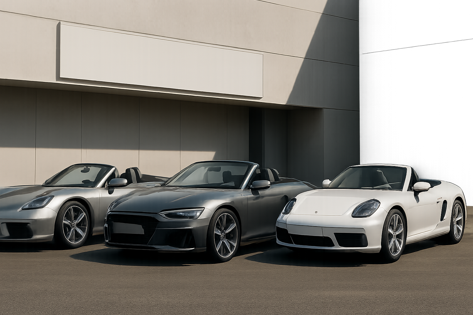 Three sleek, modern convertible sports cars in silver, dark grey and white parked in front of a minimalist building