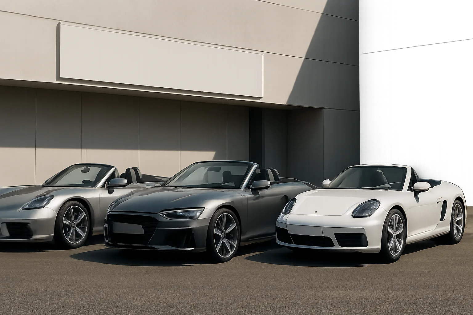Three sleek, modern convertible sports cars in silver, dark grey and white parked in front of a minimalist building