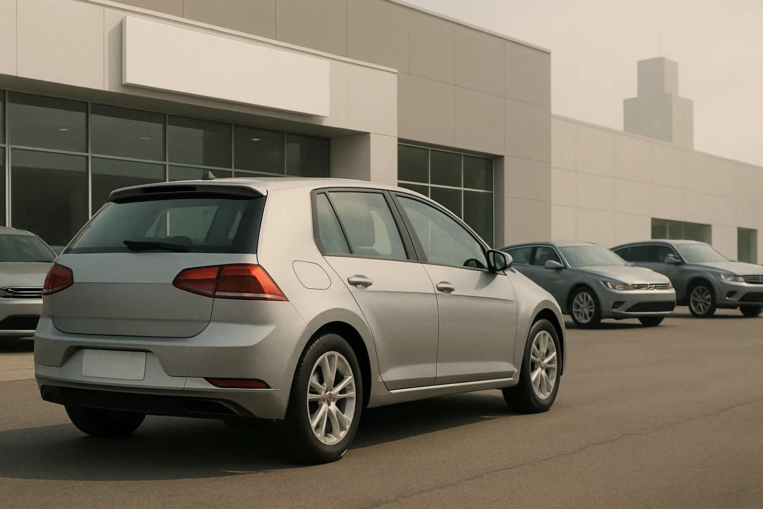 A silver hatchback parked in front of a modern, light-grey dealership building with several other cars in soft, warm daylight