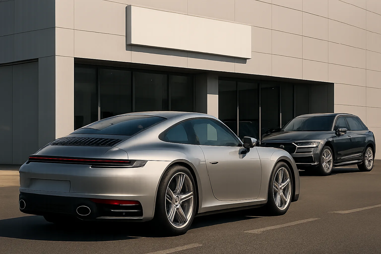 Two sleek silver cars parked on sunlit tarmac outside a modern, windowed building with geometric white panels