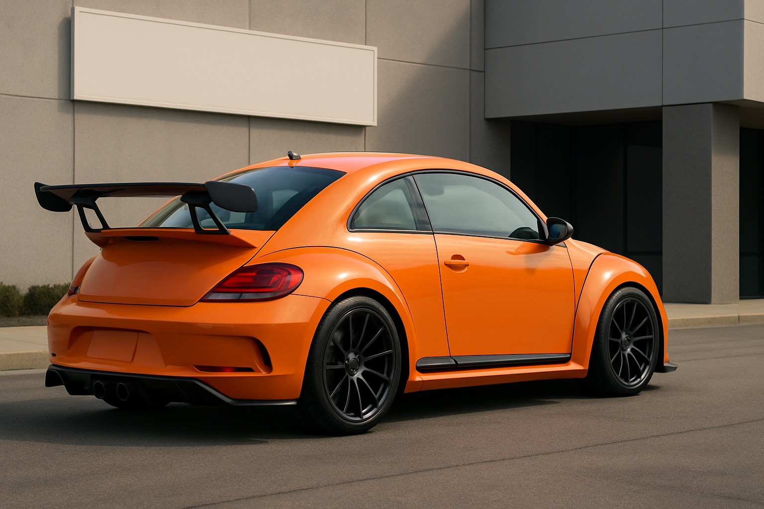 Bright orange, compact coupe with wide black wheels and a large rear wing, parked beside a grey modern building