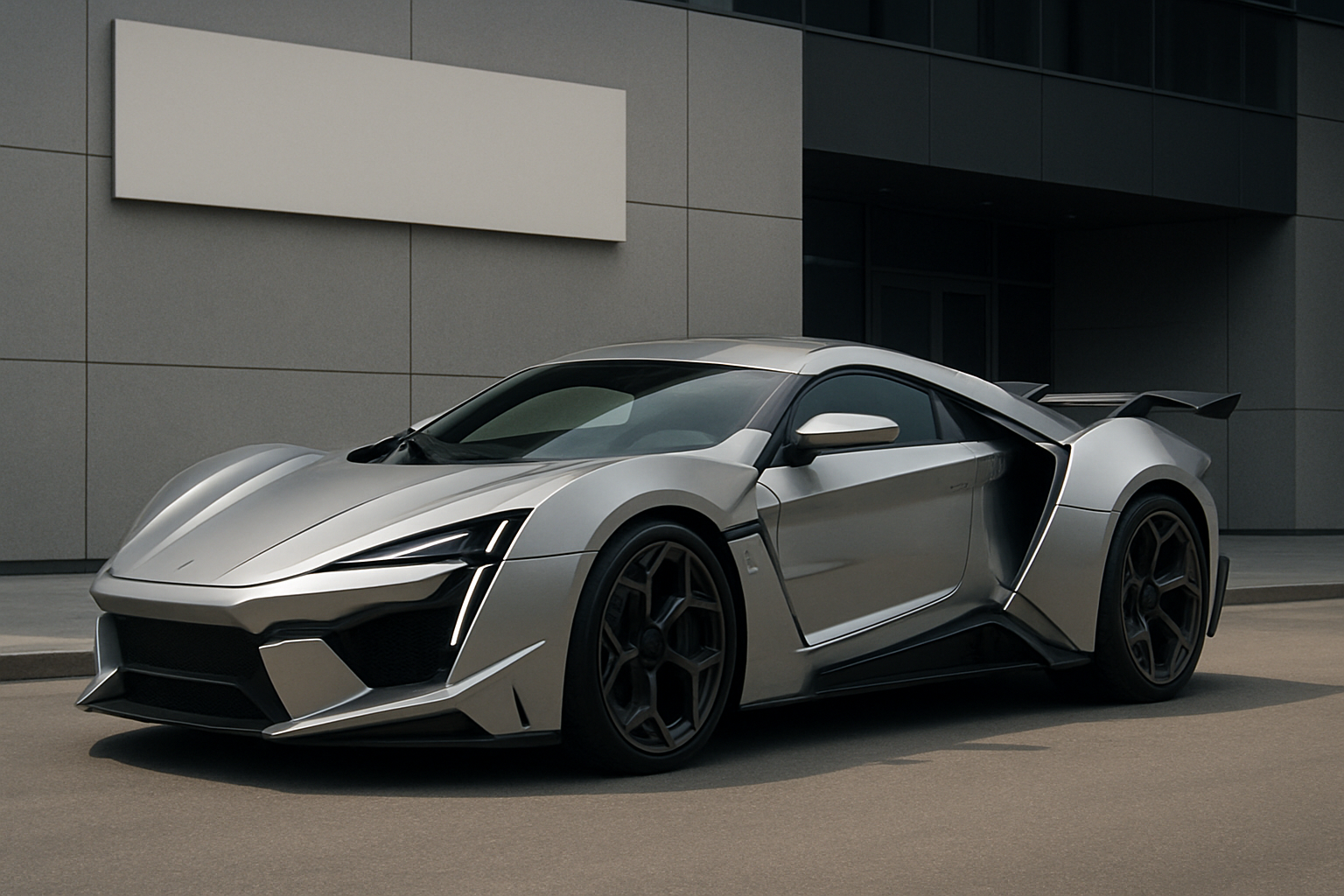 Futuristic silver sports car with sharp angular lines and black accents parked in front of a modern grey building