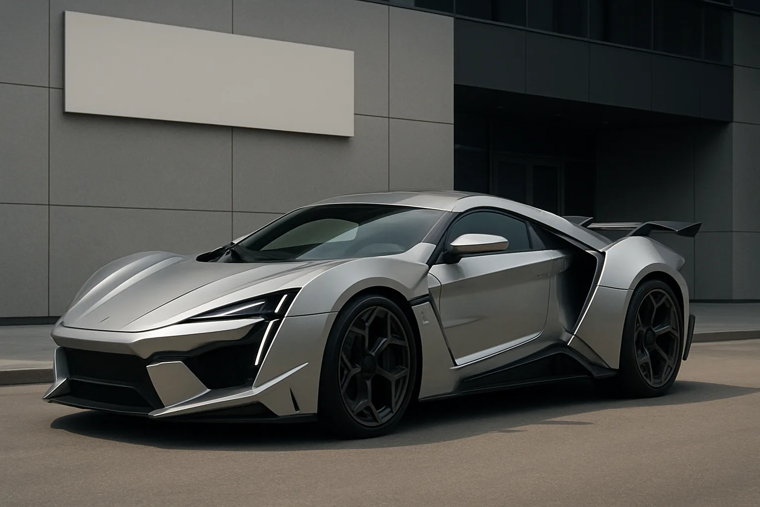 Futuristic silver sports car with sharp angular lines and black accents parked in front of a modern grey building