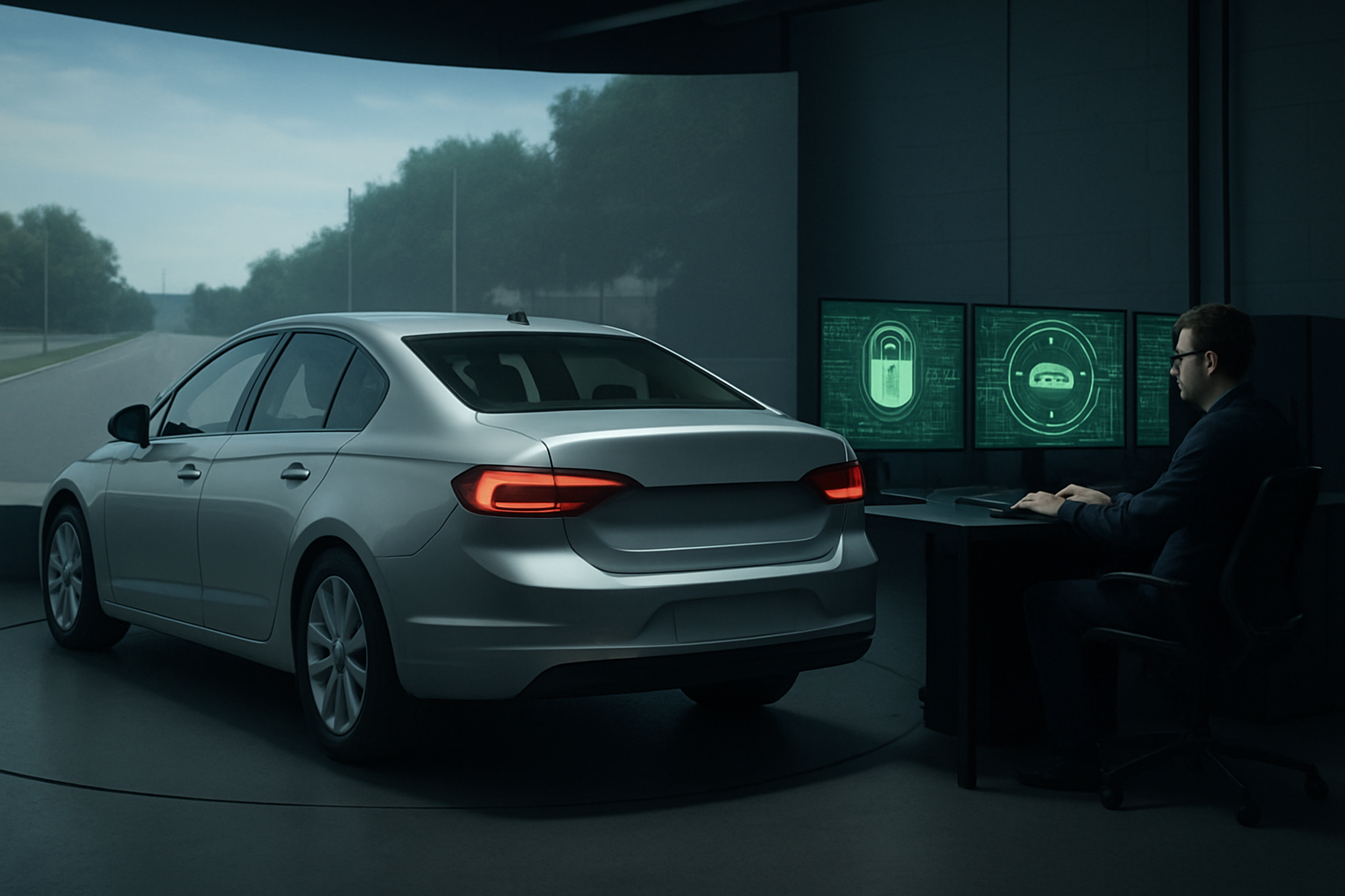 A silver sedan parked indoors faces a wide projection of a road, while a man at a desk studies glowing green monitors