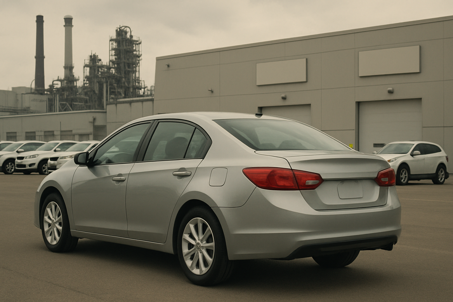 A silver sedan with blank license plates parked in an industrial lot, grey warehouses and smokestacks in the background