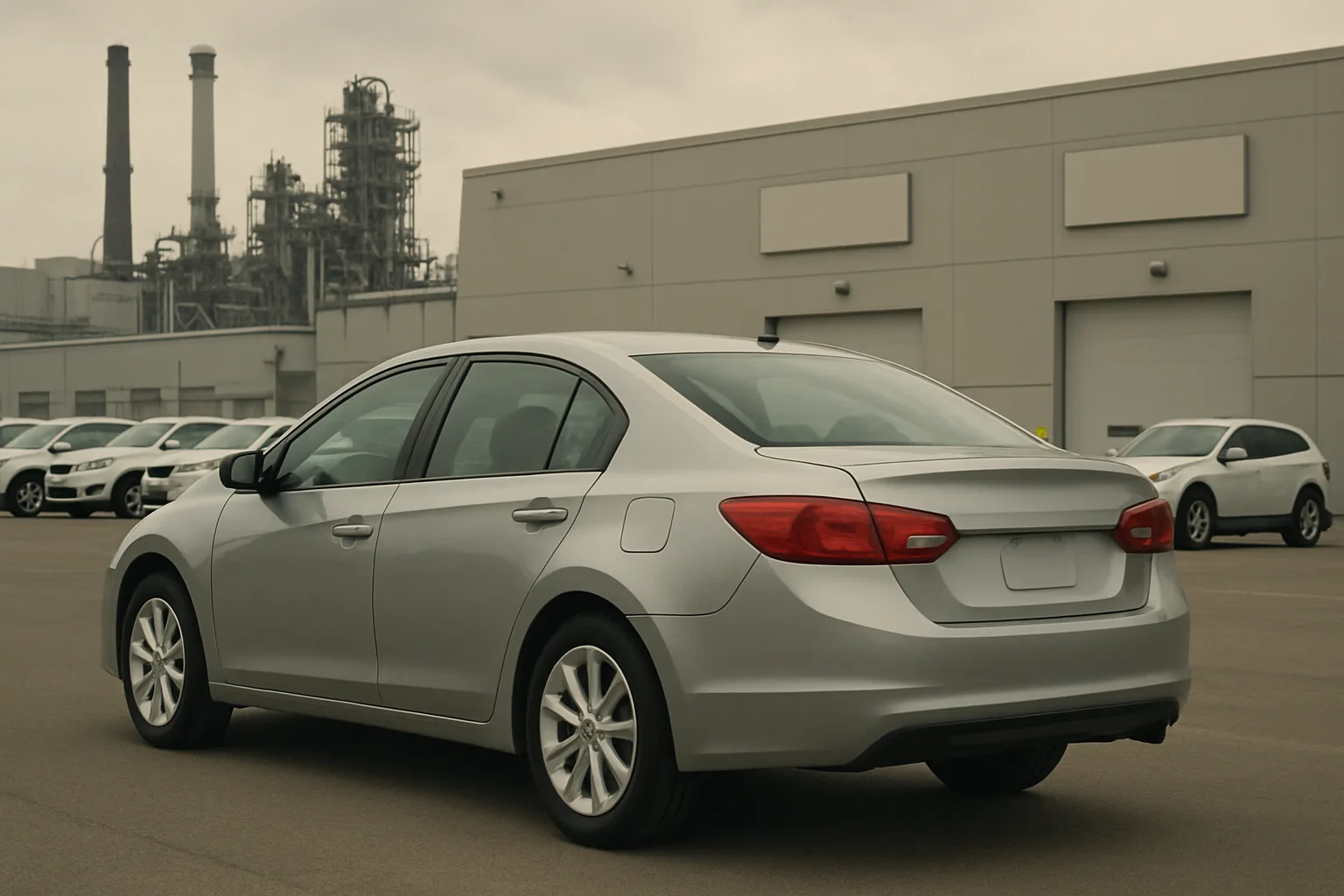A silver sedan with blank license plates parked in an industrial lot, grey warehouses and smokestacks in the background