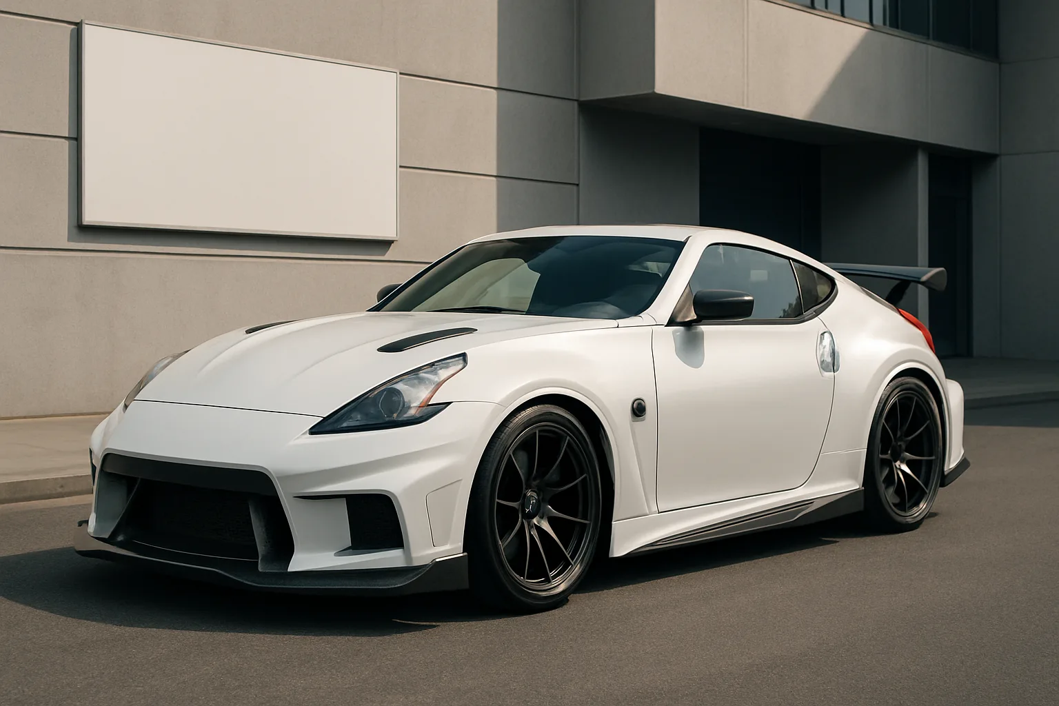 Low, wide sports coupe with a matte white body, black wheels, aggressive vents, and a large rear wing parked by a modern building
