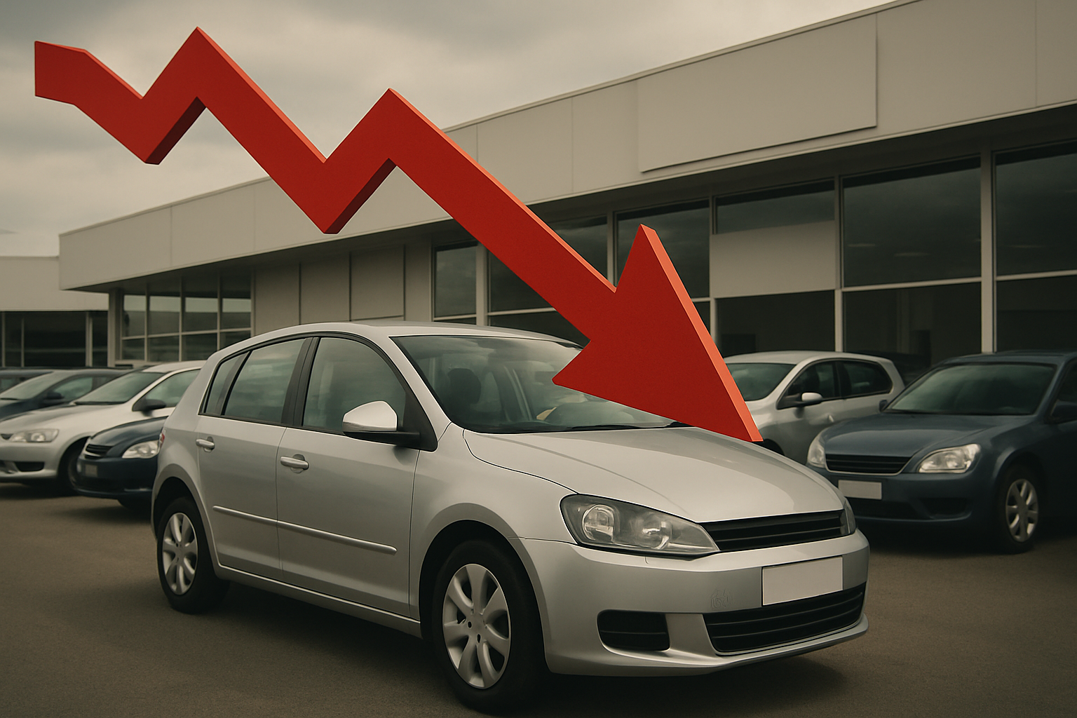 Large red downward arrow overlays a row of grey and blue cars parked outside a modern, pale building under cloudy skies