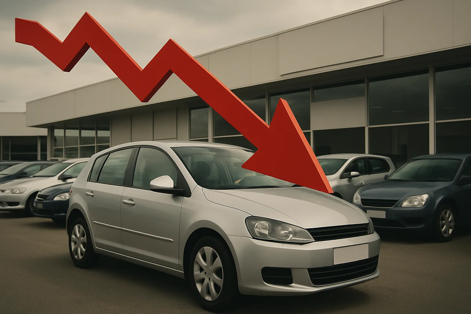 Large red downward arrow overlays a row of grey and blue cars parked outside a modern, pale building under cloudy skies