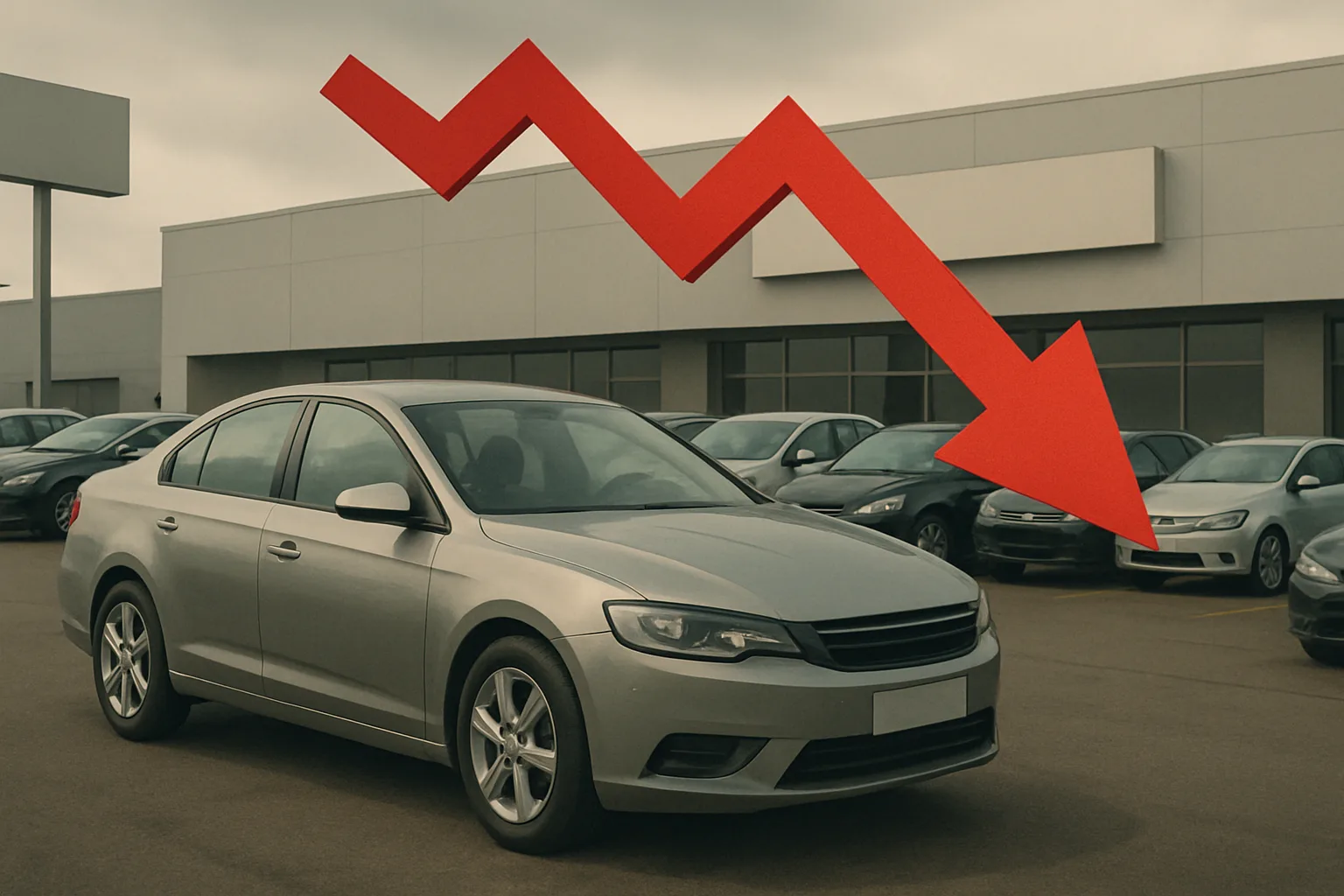 A matte grey sedan in a car lot beneath a cloudy sky, overlaid by a large red downward arrow crossing the scene