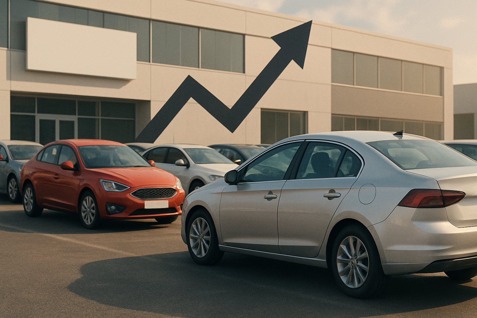 Two stylized cars parked outside a modern building with a bold black upward arrow on the wall behind them