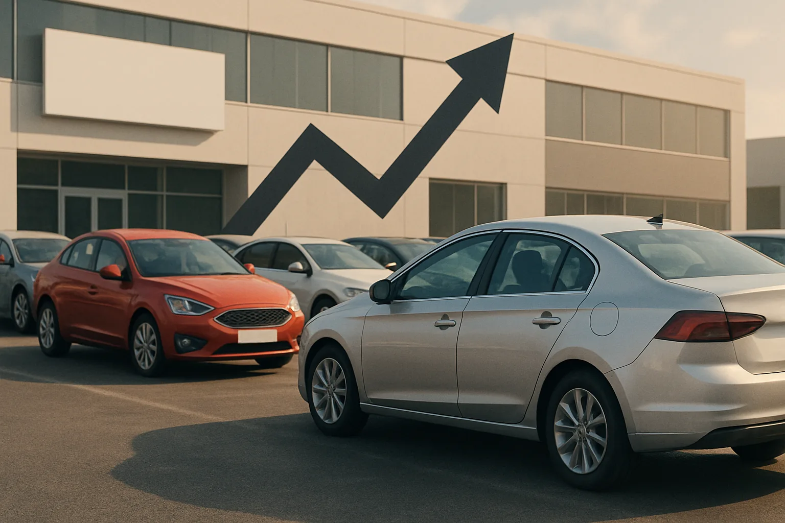 Two stylized cars parked outside a modern building with a bold black upward arrow on the wall behind them