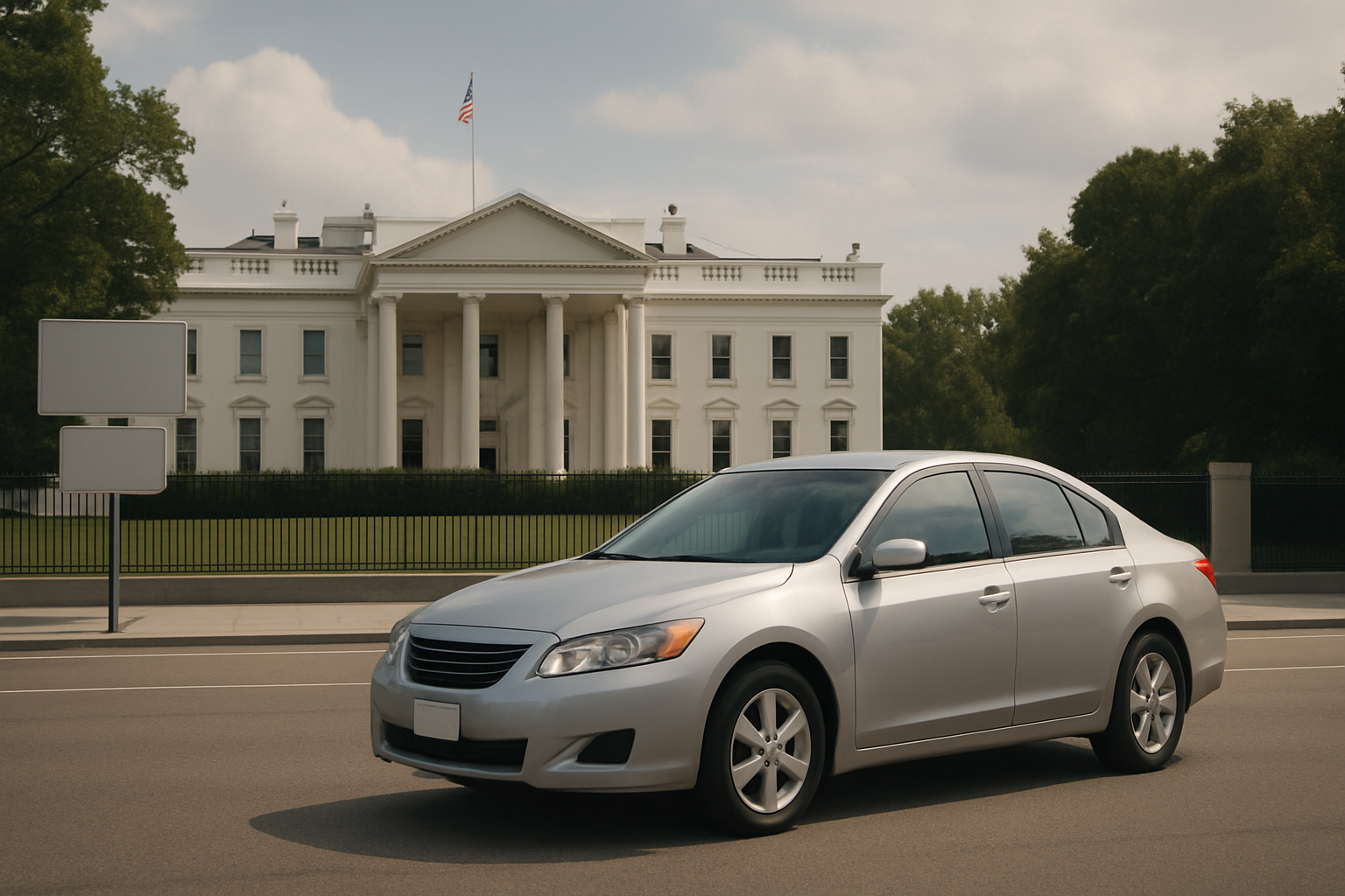 A silver sedan parked on a wide street in front of a white neoclassical building with columns and an American flag above