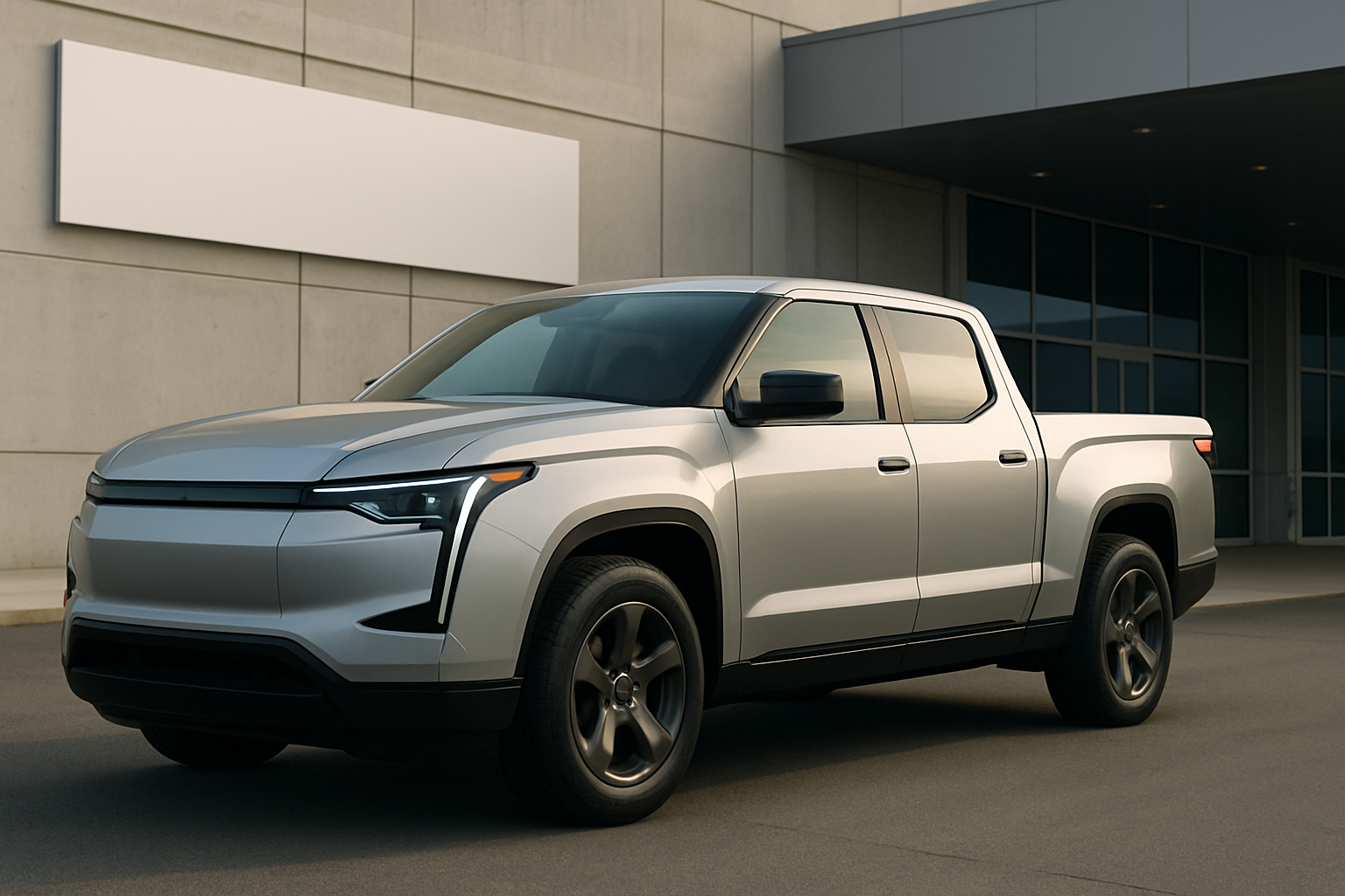 Angular silver pickup truck with dark accents parked on smooth pavement beside a modern building in soft daylight