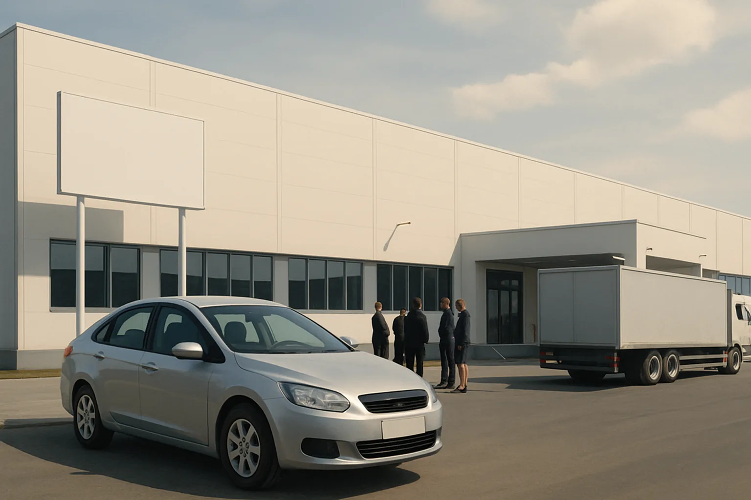 A silver sedan and a white delivery truck parked outside a large white industrial building under a partly cloudy sky