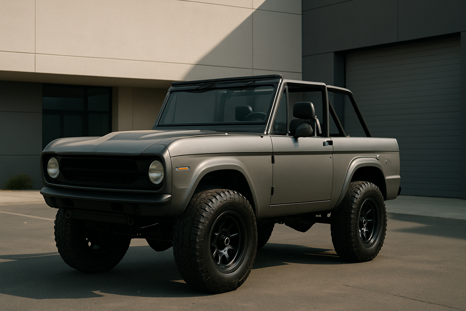 Boxy matte grey SUV with black wheels and roll bar parked on sunlit pavement beside a modern industrial building