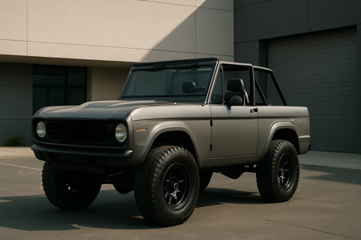 Boxy matte grey SUV with black wheels and roll bar parked on sunlit pavement beside a modern industrial building