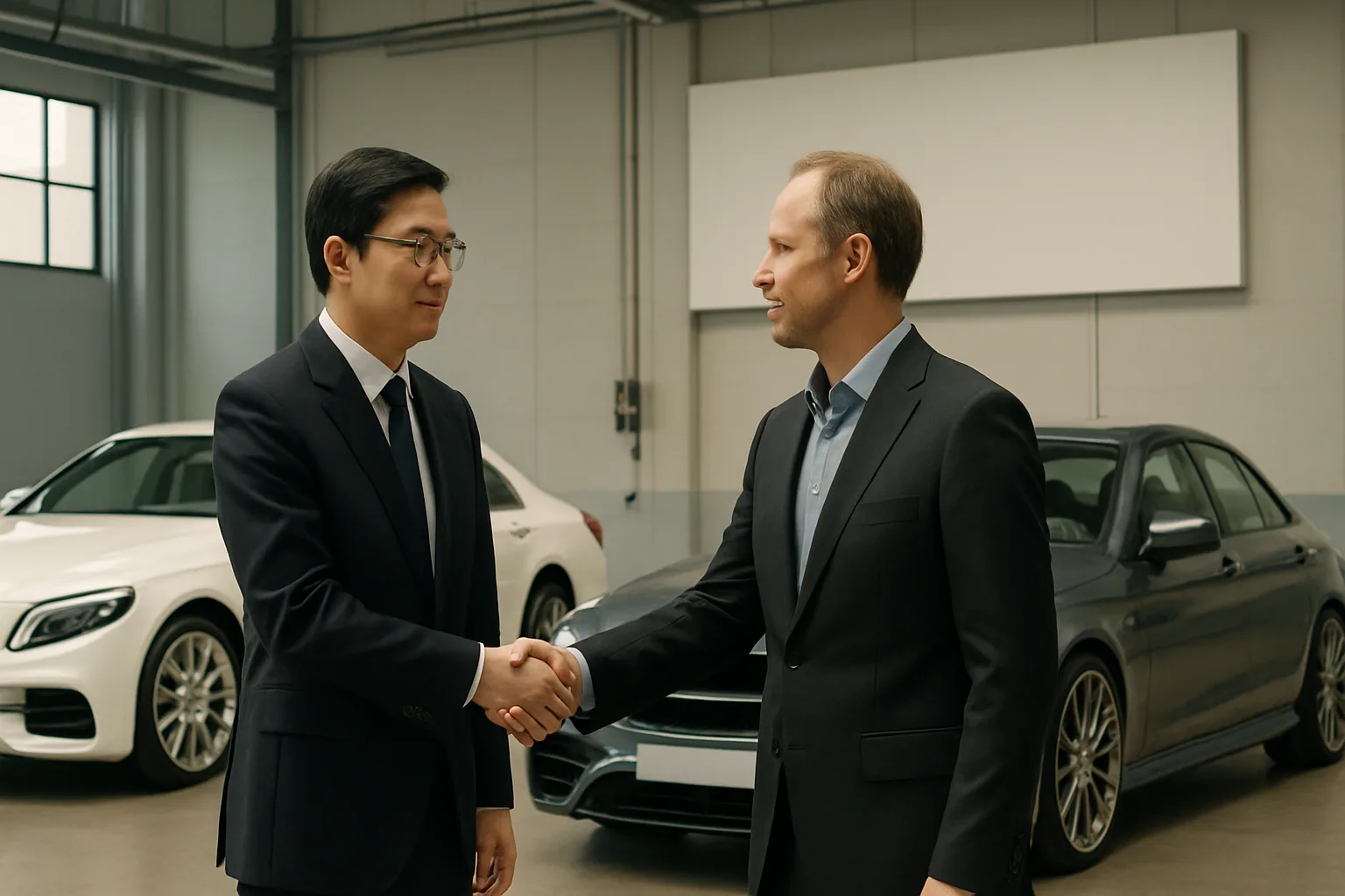 Two men in business suits shake hands in a bright, modern showroom with two sleek cars in the background