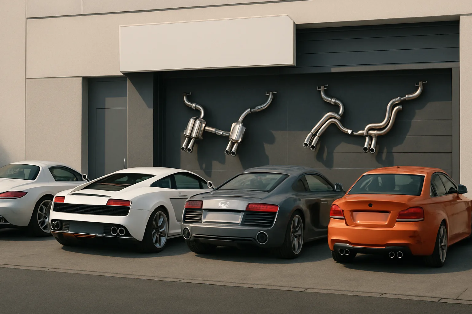 Four brightly colored sports cars parked before a grey wall with large, polished metal exhaust pipes mounted above