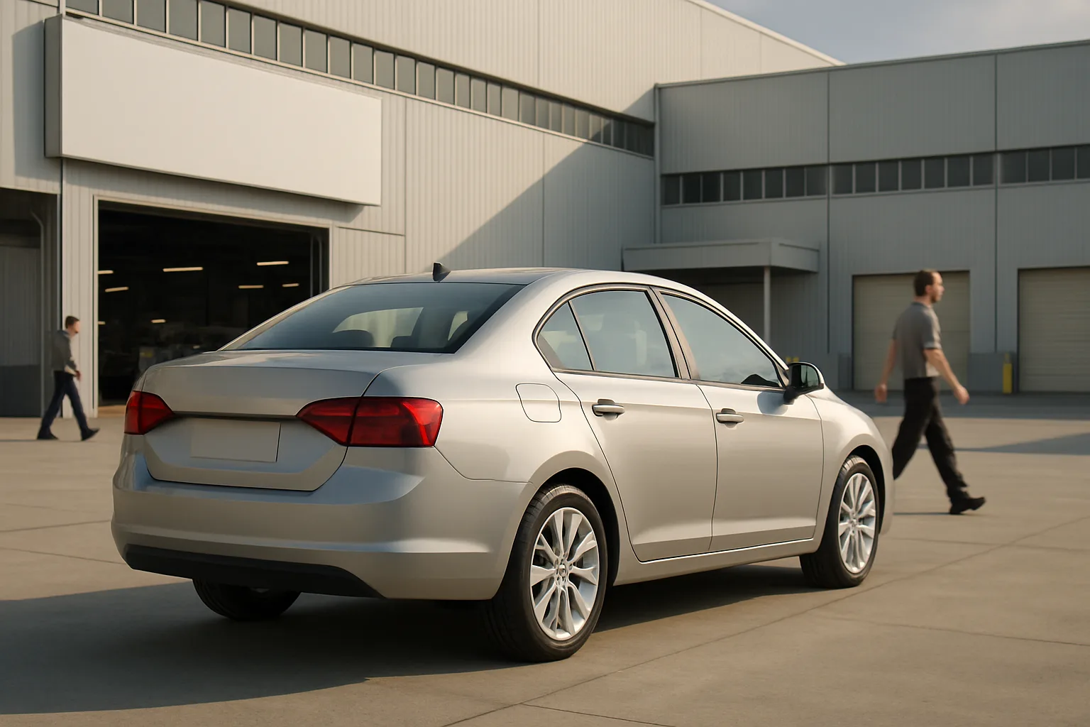Metallic silver sedan with smooth, modern contours parked on sunlit concrete outside a large industrial building, two people walking nearby