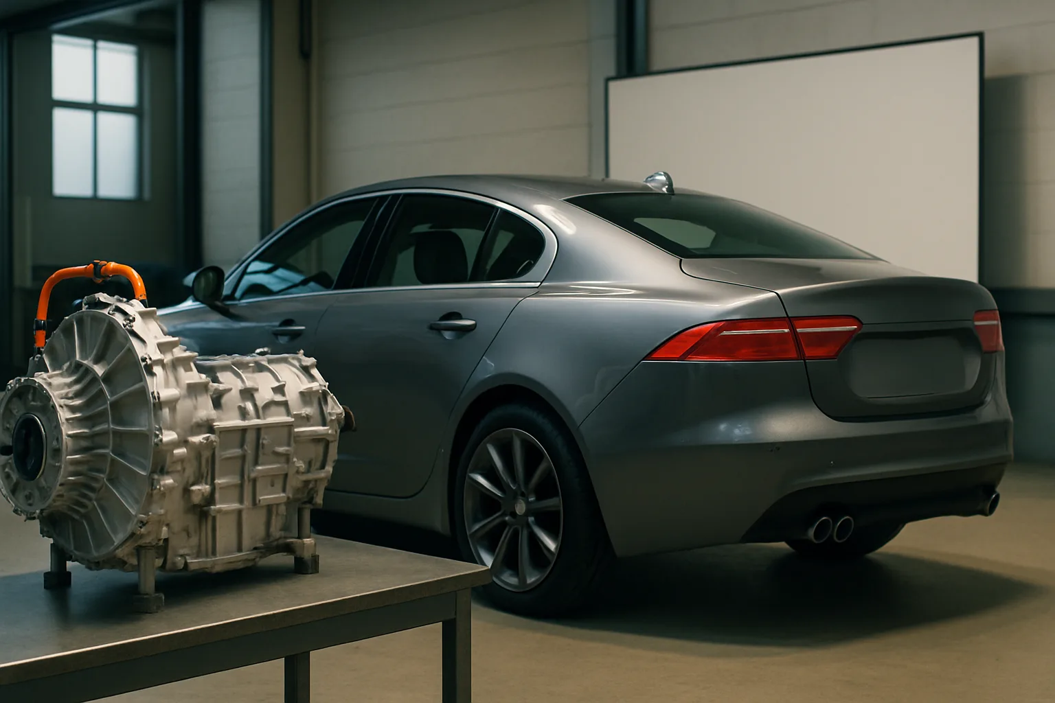 Sleek metallic grey sedan parked indoors near a silver gearbox with orange cabling on a metal table in soft ambient light