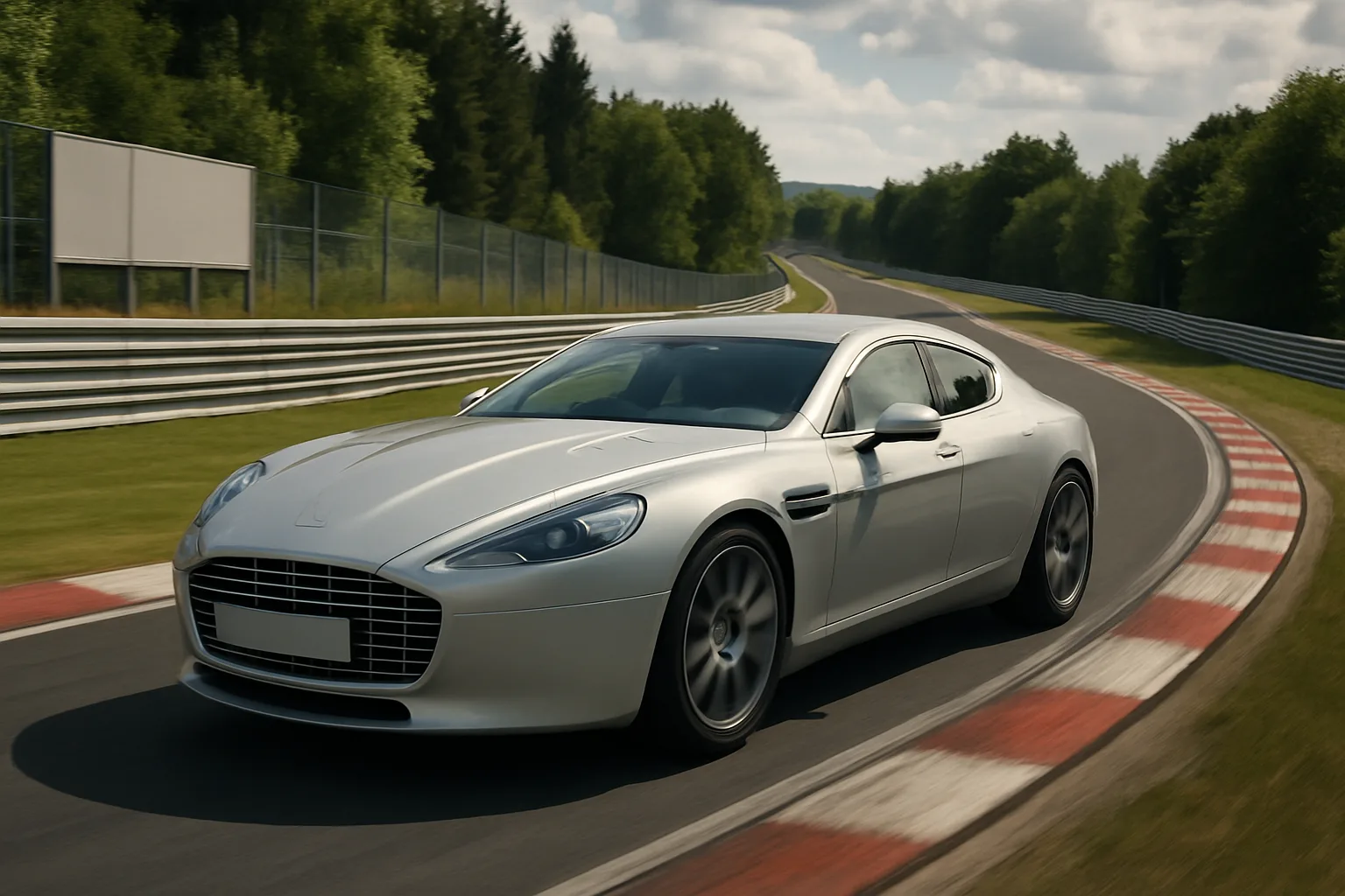 A sleek silver sports car with tinted windows drives along a curving racetrack bordered by green trees and metal barriers