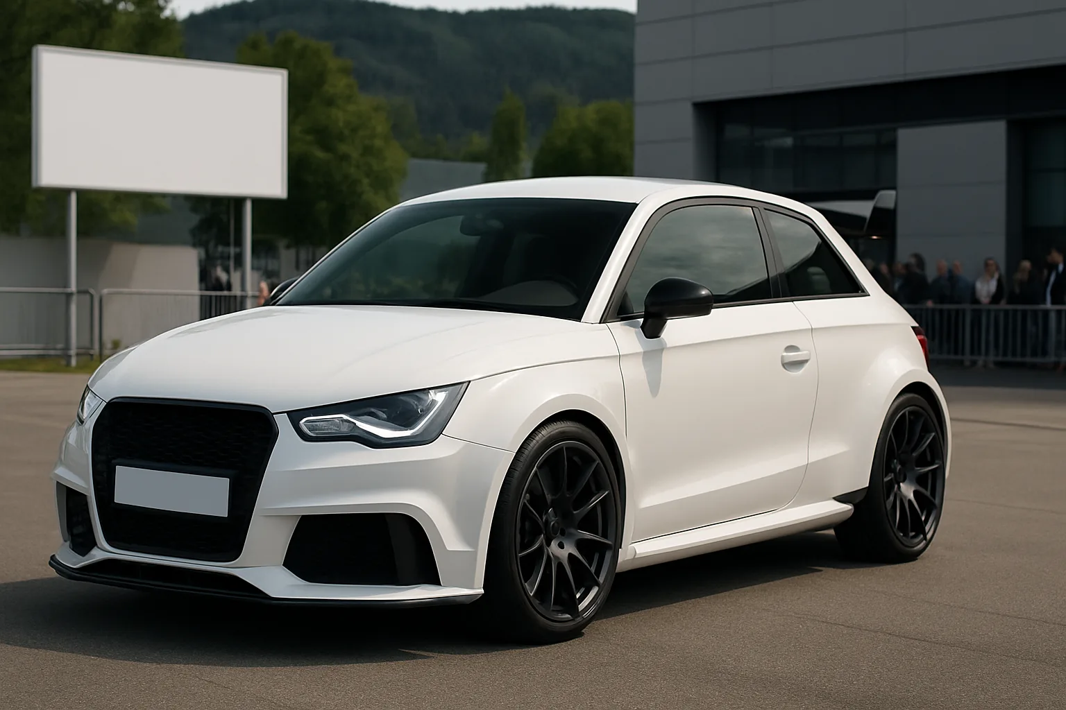 A sleek white hatchback with tinted windows and black wheels parked on sunlit pavement near a modern building