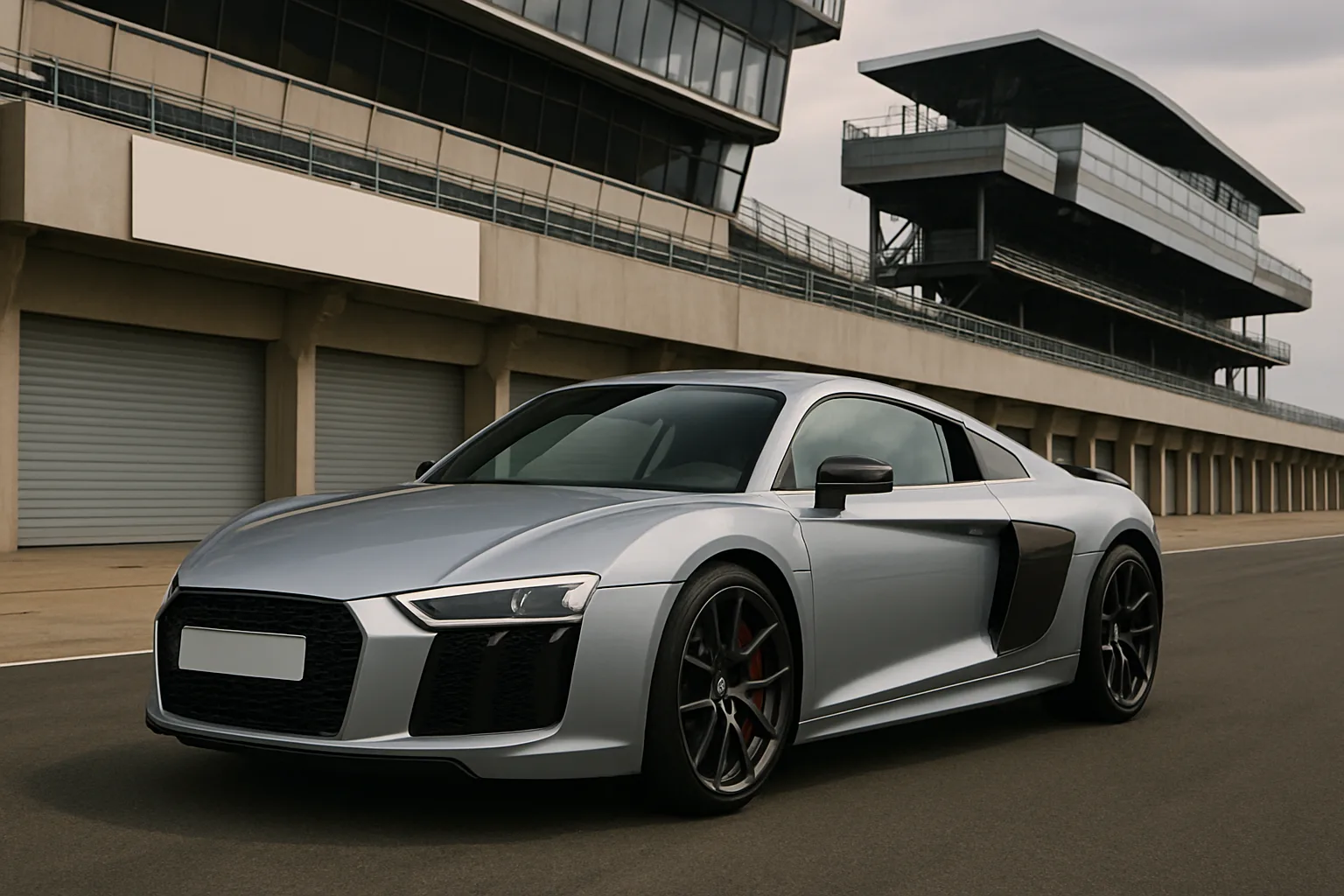 Sleek silver sports car with dark accents parked on a racetrack in front of modern grandstand buildings