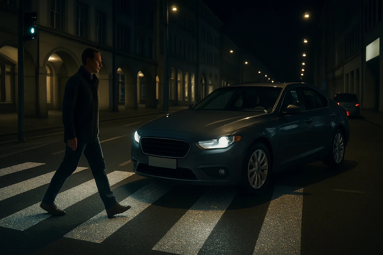 Man crossing a sparkling, crystal-like striped crosswalk at night as a grey car waits under streetlights on a city street