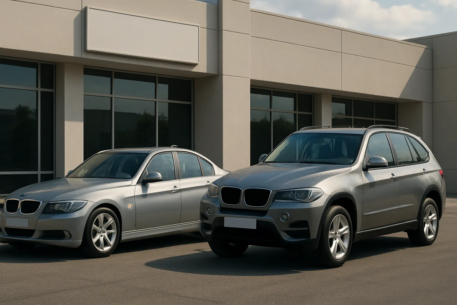 Two silver-grey cars, one sedan and one SUV, parked side by side on sunlit asphalt in front of a modern building