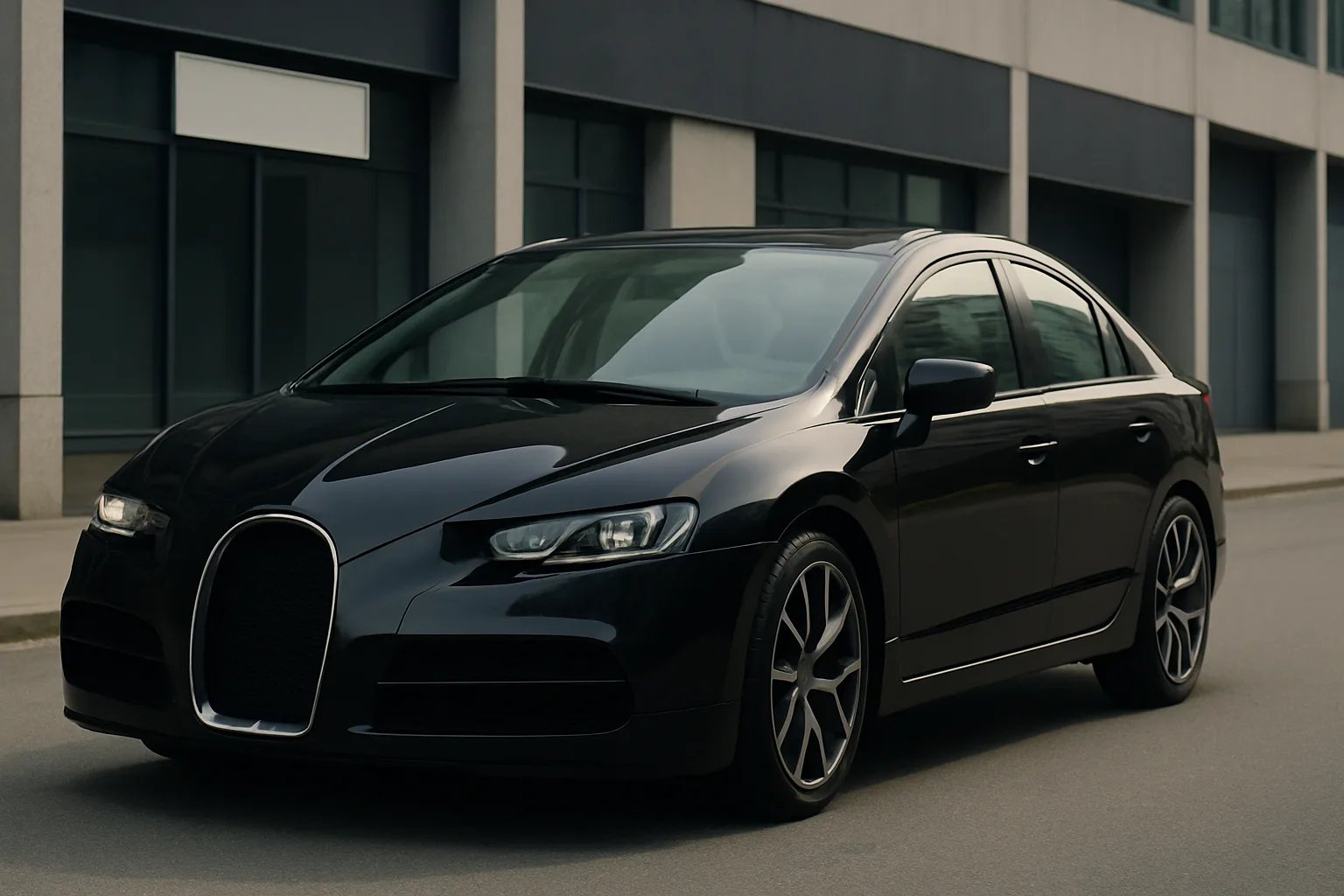 A sleek black sedan with a prominent oval grille and sporty alloy wheels parked on a quiet urban street in soft daylight