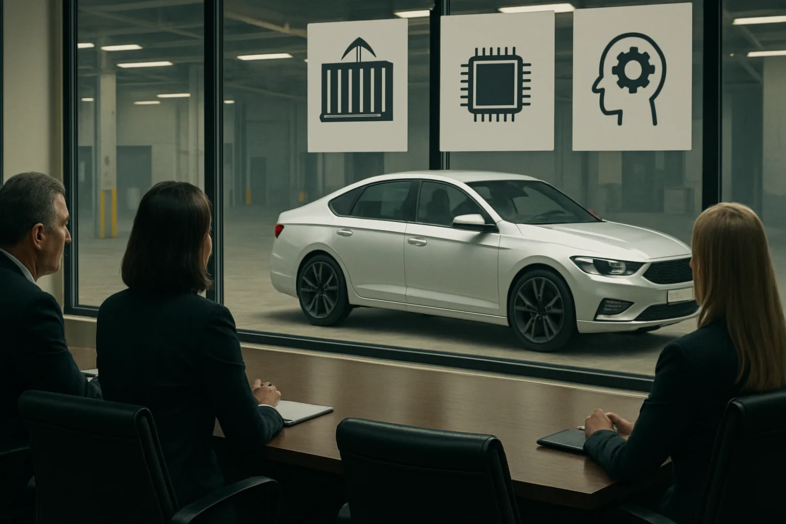 Three people in business attire sit at a dark table facing a white car outside a window with icons of a crate, microchip and head
