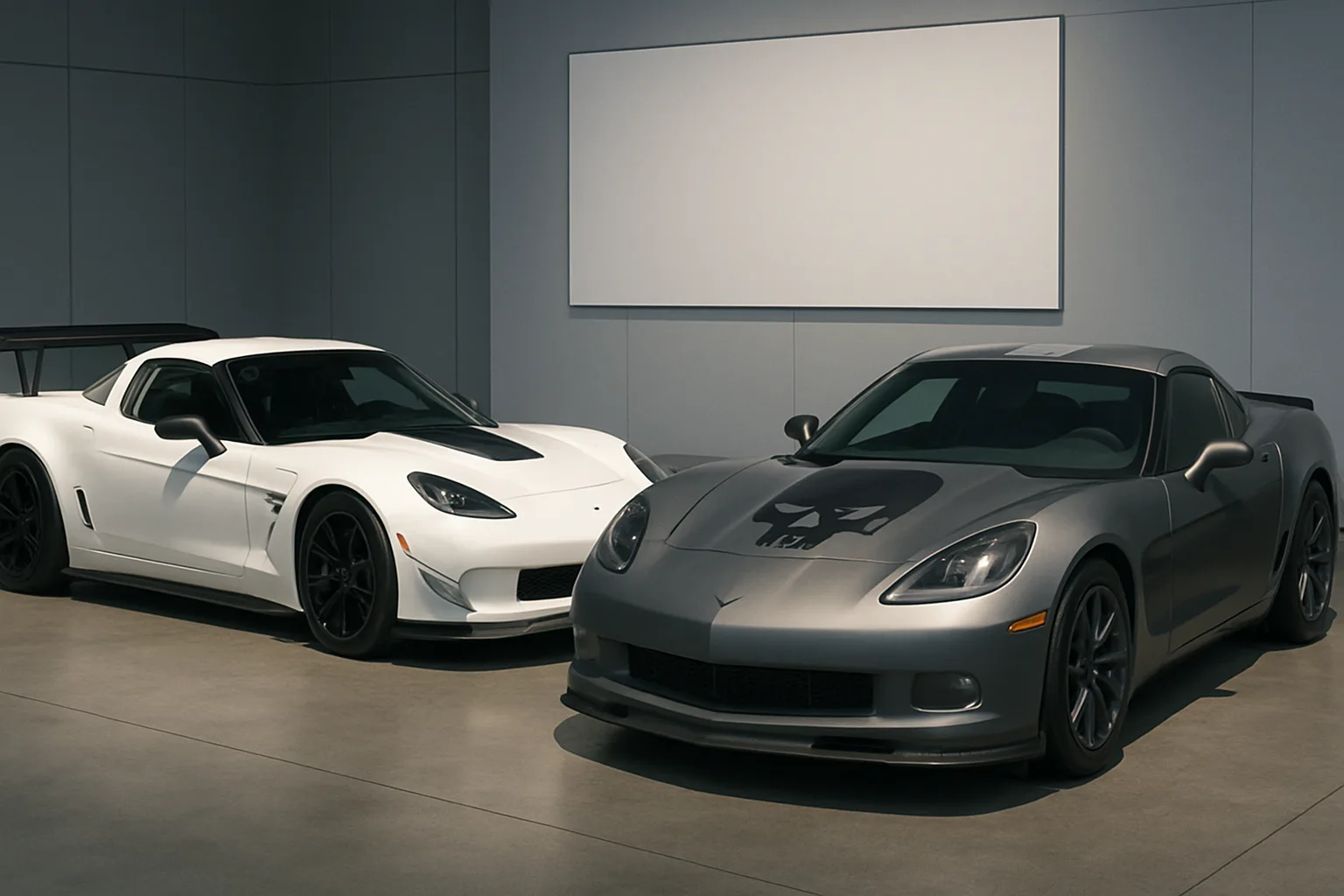 Two sleek sports cars, one white with a large rear wing and one matte grey, parked side by side in a modern showroom
