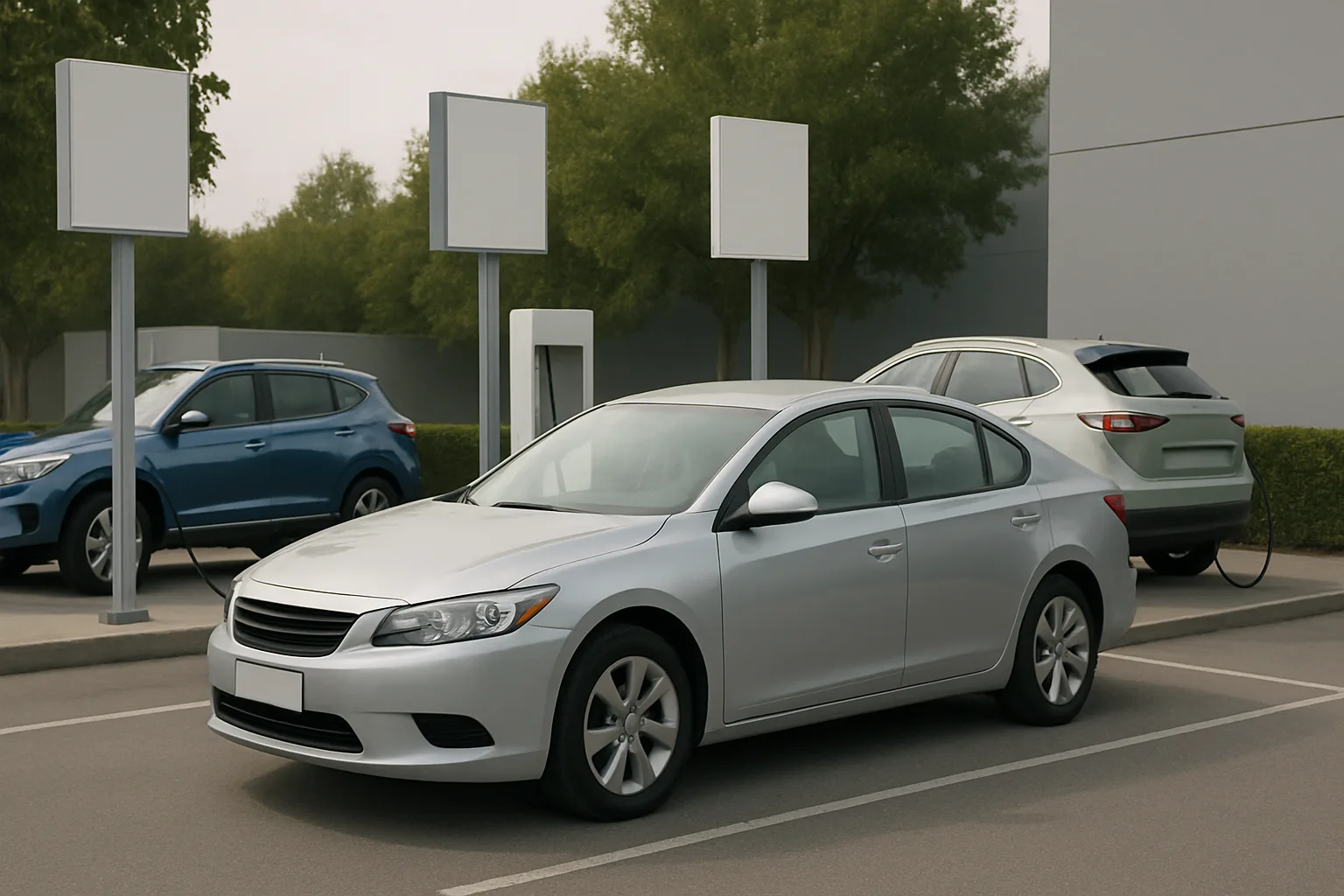 Silver sedan parked beside a blue SUV and a pale green car charging at a station, muted tones and blank signboards in view