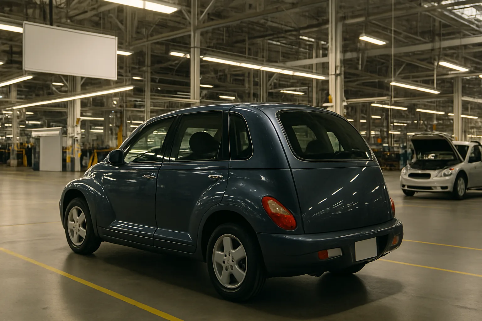 A retro-styled blue hatchback car parked in a spacious, brightly lit factory with yellow floor markings and high ceilings