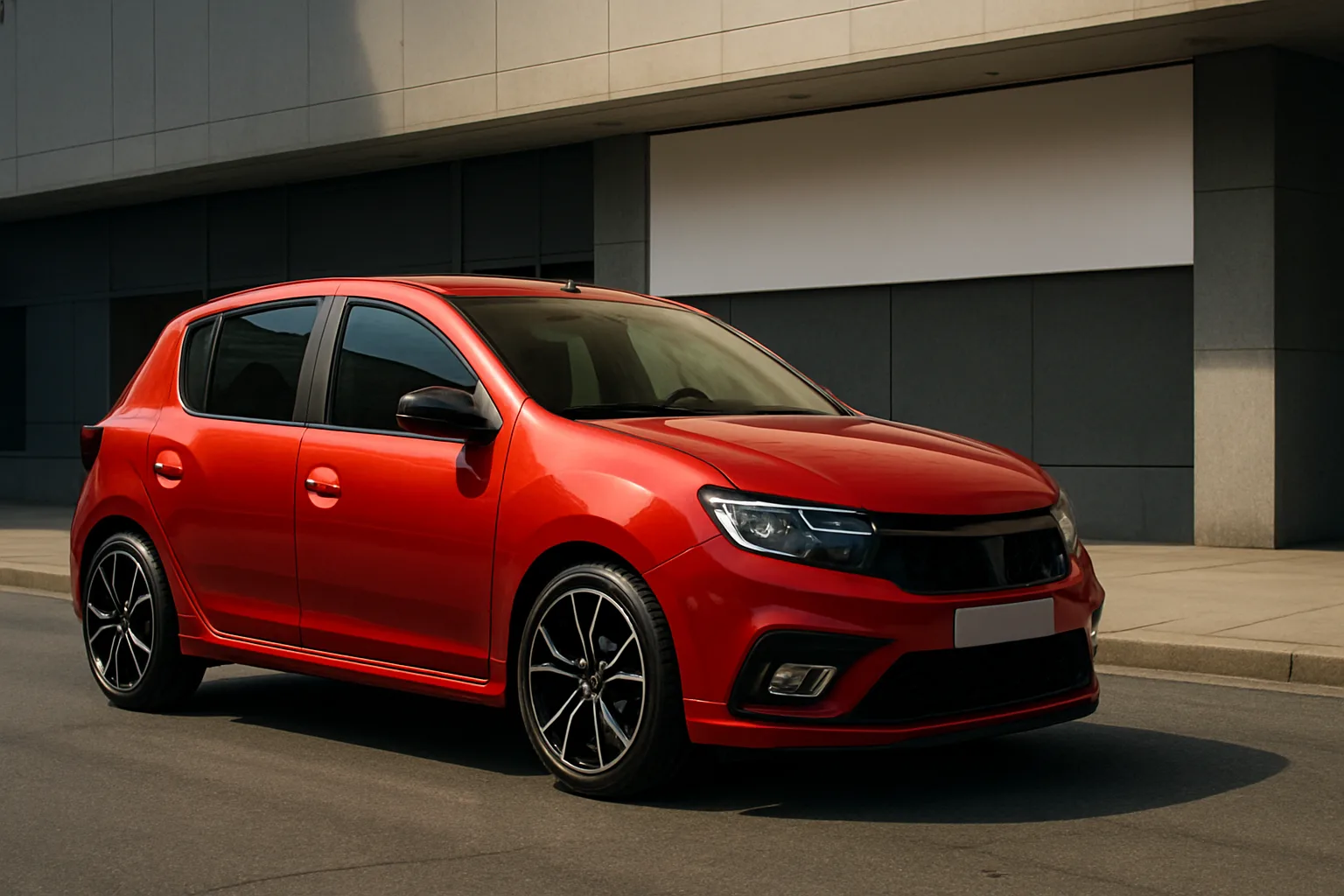 A bright red compact hatchback with black alloy wheels parked on an empty street beside a modern grey building