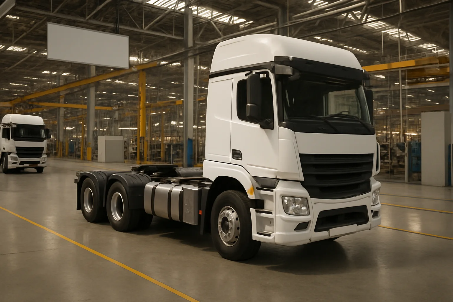 Two large white trucks with black trim and silver fuel tanks inside a spacious, well-lit industrial factory space