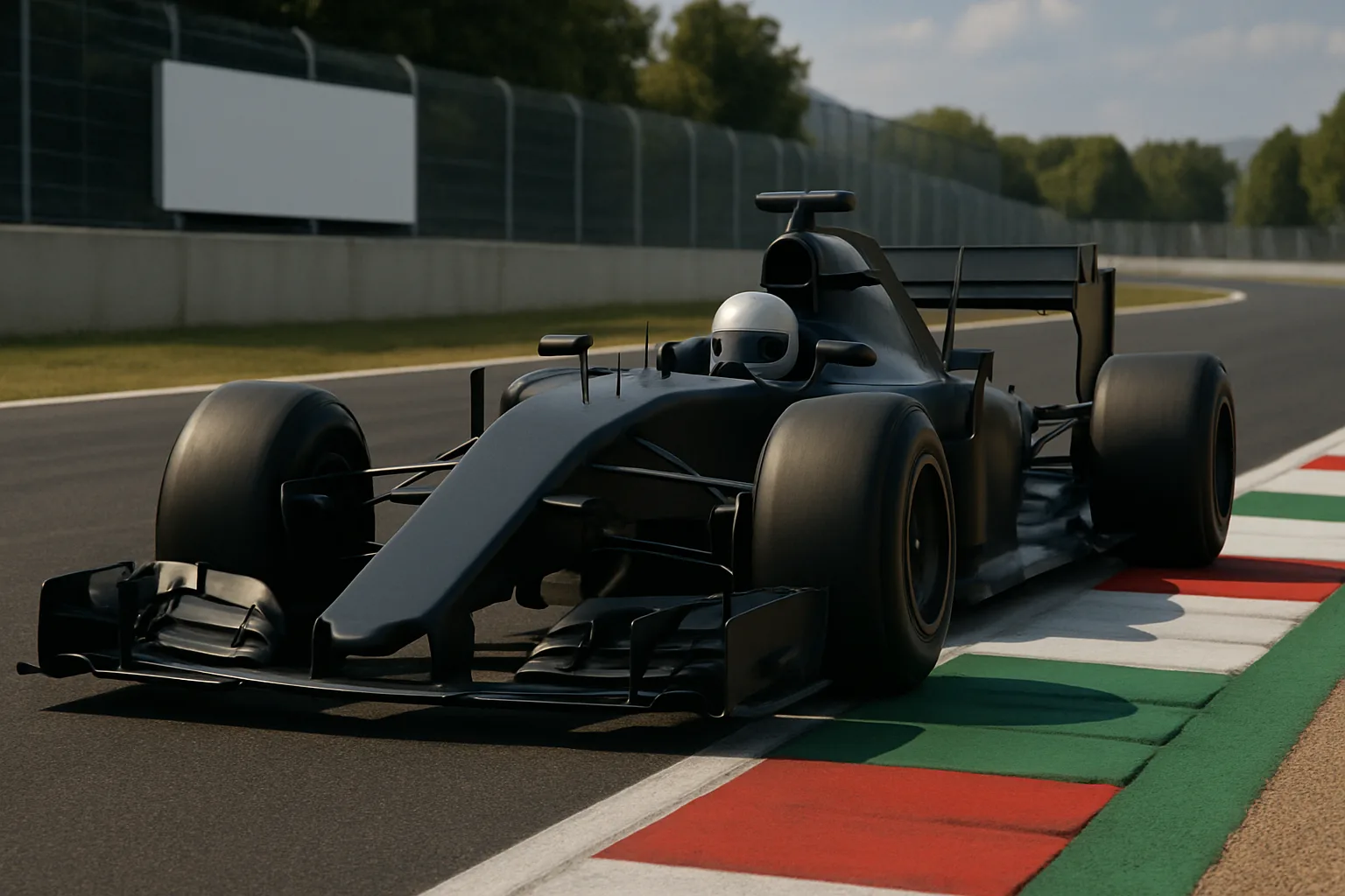 Glossy black Formula 1-style car with a driver on a racetrack, sunlight casting shadows, trees and barriers in the background