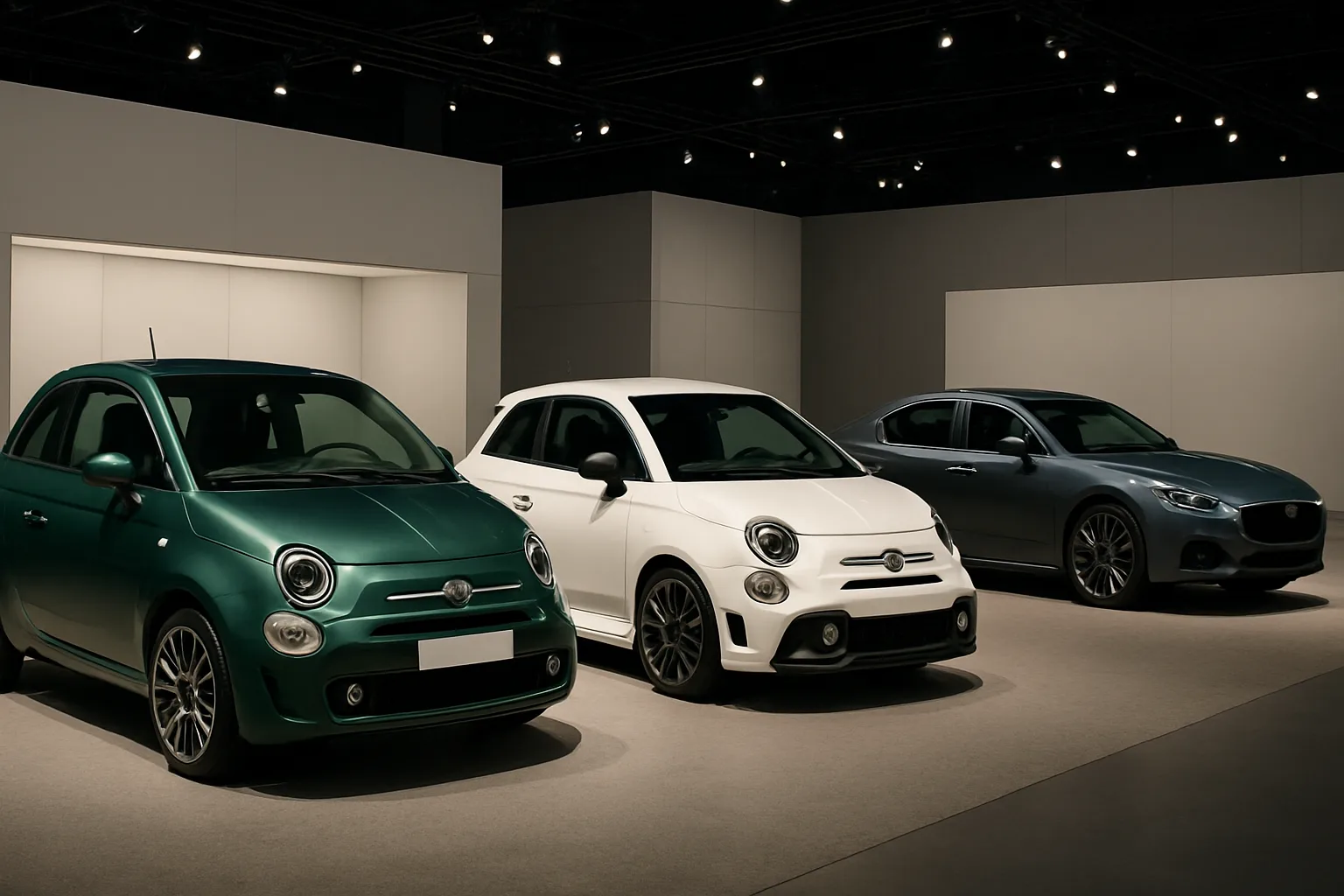 Three compact cars in green, white, and metallic blue are displayed under spotlights in a minimalist indoor setting