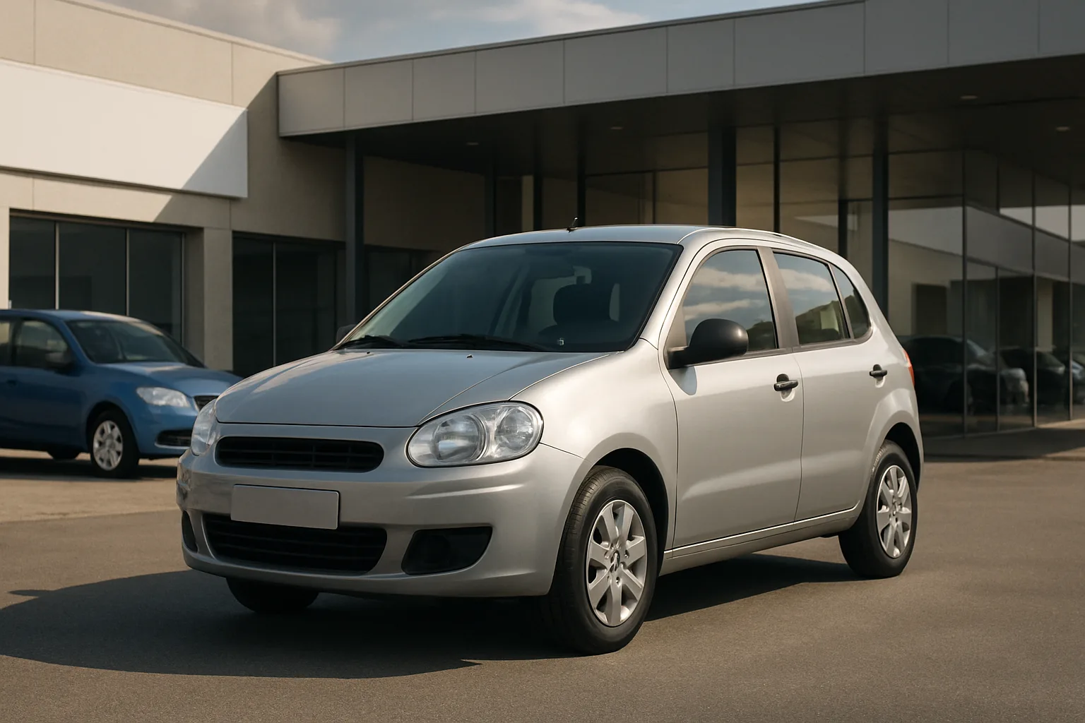 Compact silver hatchback parked on smooth asphalt with a modern glass-fronted building and another blue car behind it