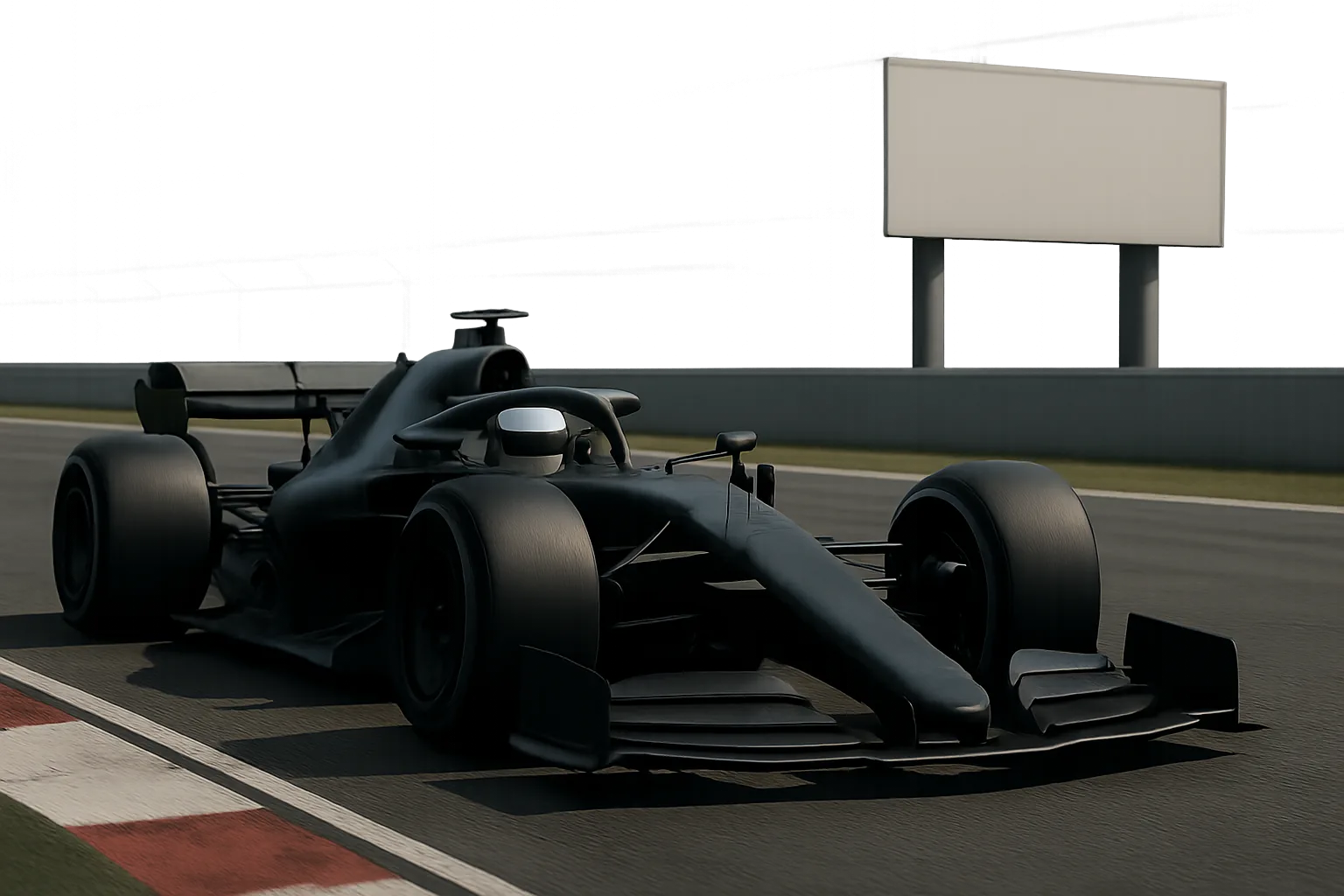 Sleek matte-black open-wheel racing car with a white-helmeted driver speeding past a blank roadside billboard