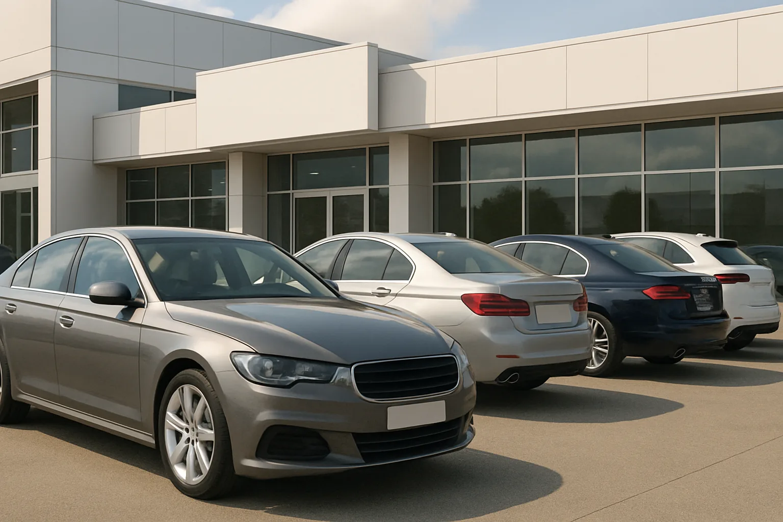 Four sedans in muted silver, gray and blue tones are parked outside a modern glass and white-panel building in daylight