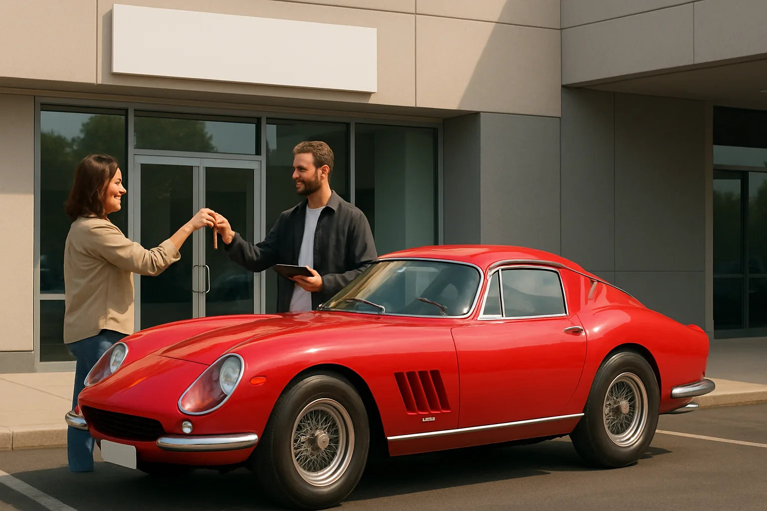 A smiling woman hands car keys to a man beside a shiny red vintage-style coupe in front of a modern gray building