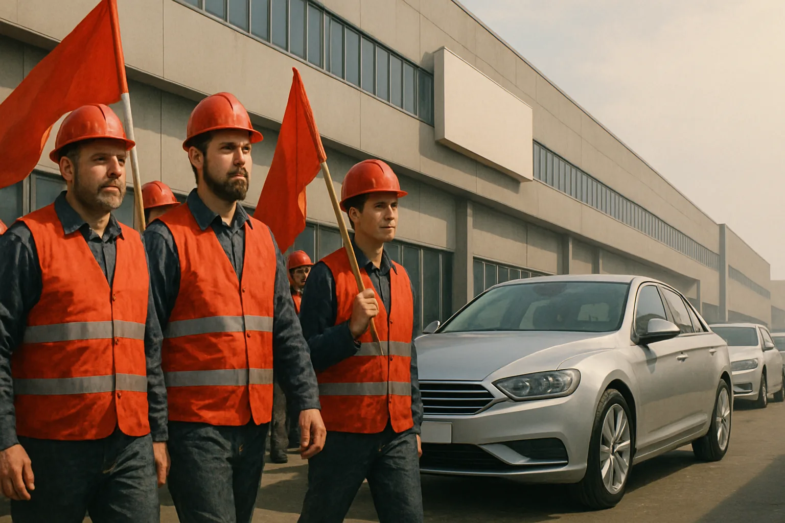 Four men in red safety vests and helmets march with red flags beside silver cars outside a modern industrial building