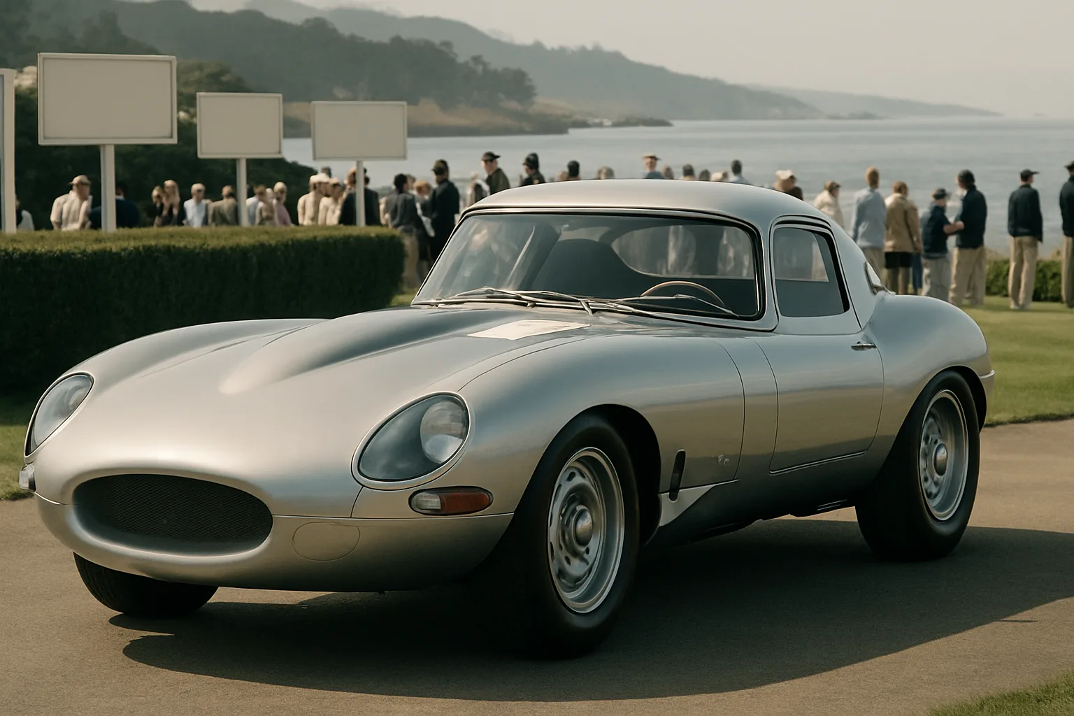 A sleek silver sports car with smooth curves sits on grass by the water, with people and signboards in the background