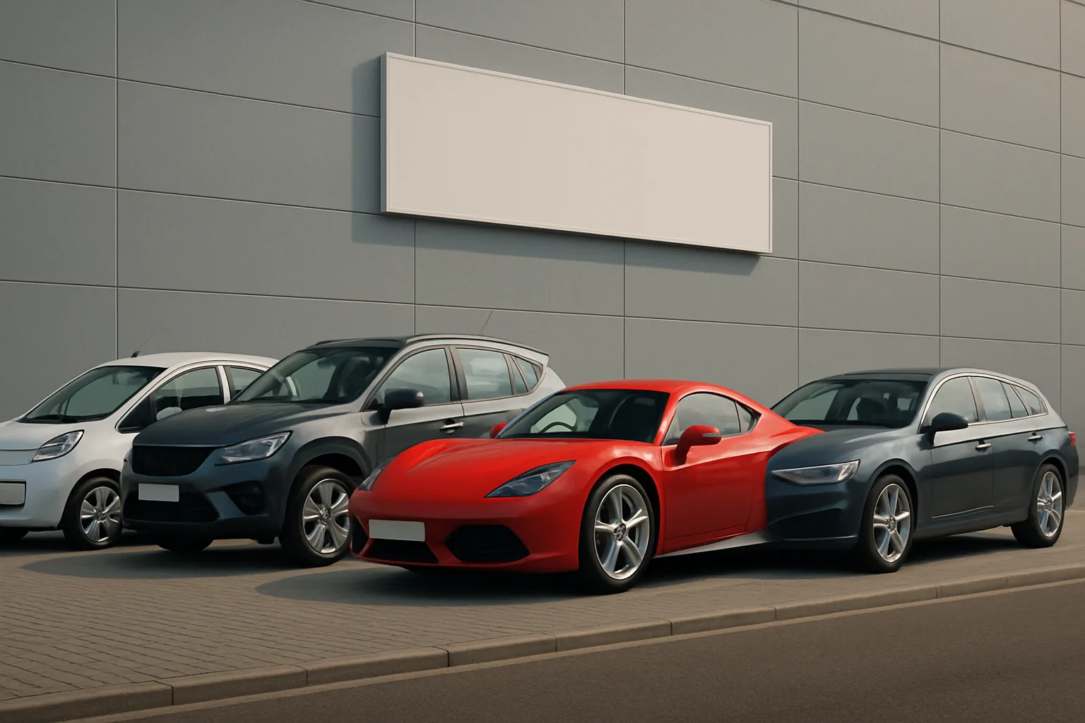 Four modern cars in white, grey, red, and dark blue are parked side by side on a paved street against a plain grey wall