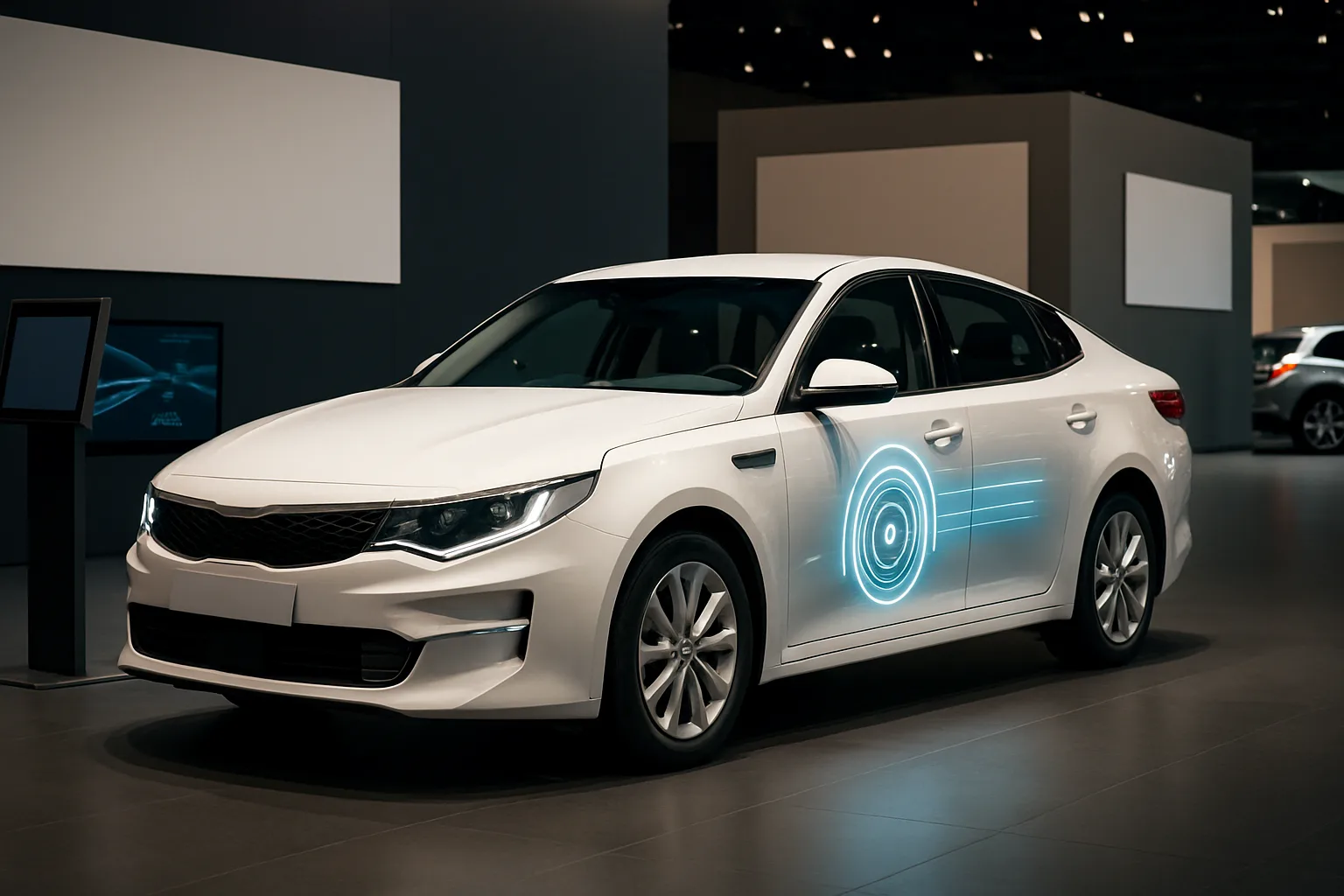 White sedan on a showroom floor with glowing blue digital graphics displayed on its front side door