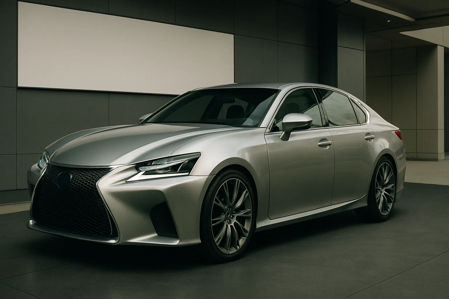 Silver concept car with sharp angles, large black grille and futuristic headlights parked on a smooth grey surface in soft light