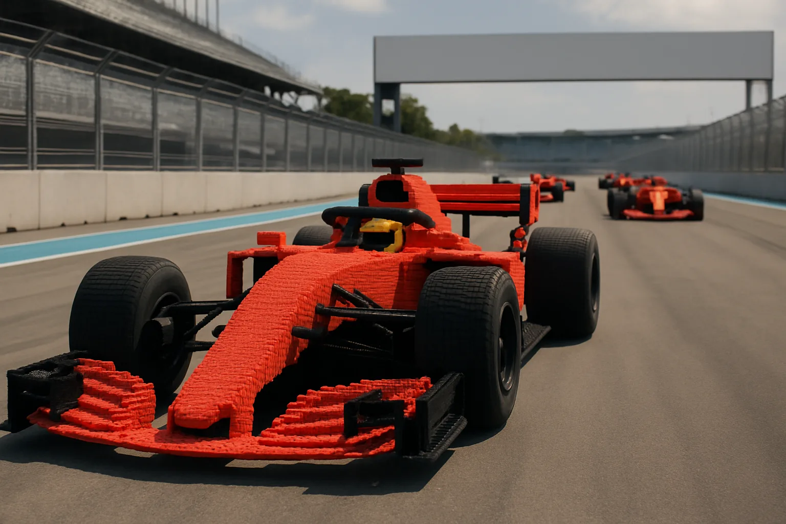 Bright red, life-size cars built from Lego bricks race down a sunlit circuit with blurred grandstands in the background